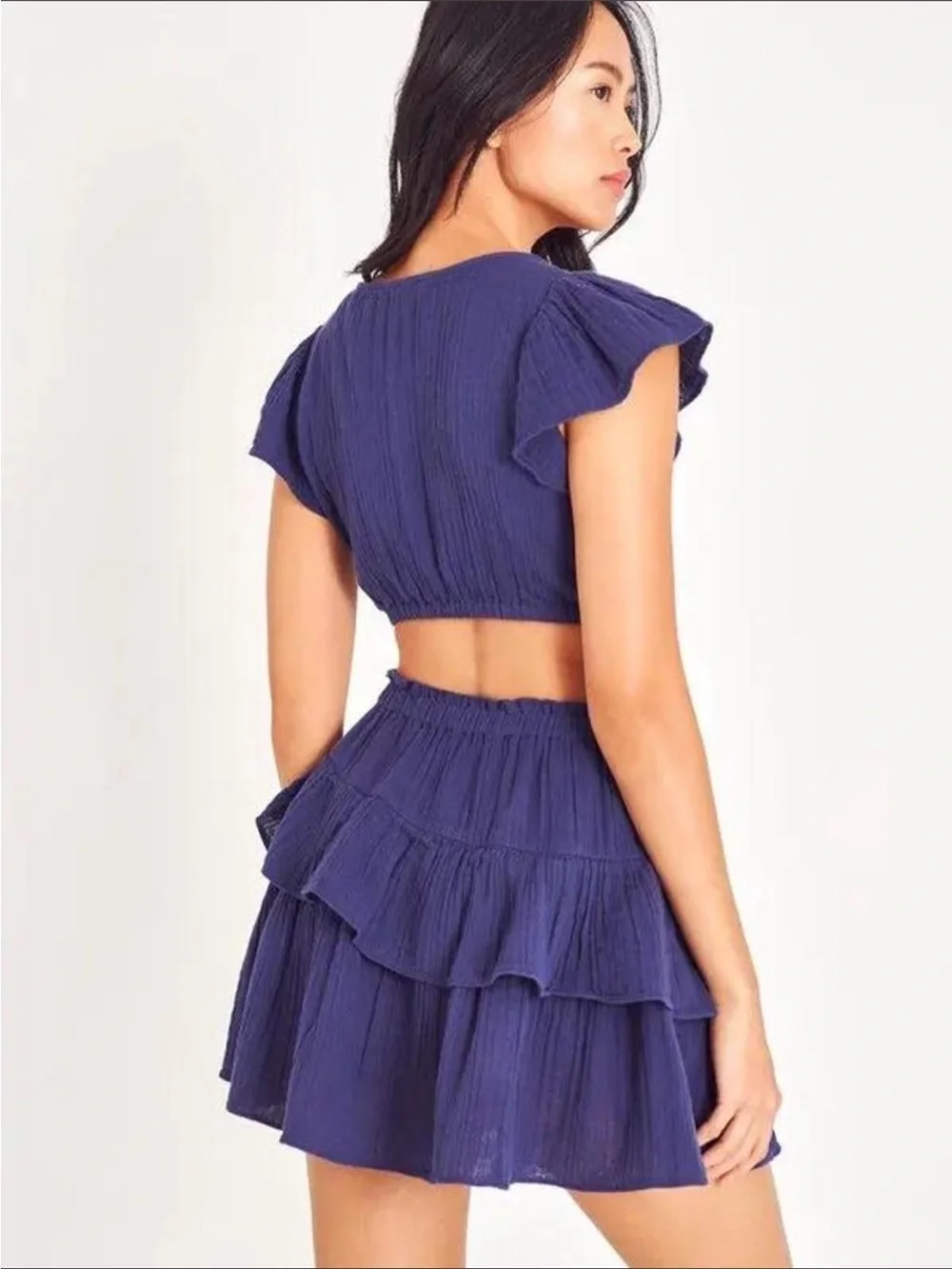 LoveShackFancy Audrina Cutout Rich Blue Ruffled Mini Dress size s